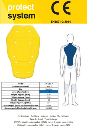 Ochraniacz pleców PRO-TEC SW-253-A Yellow M (420mm)